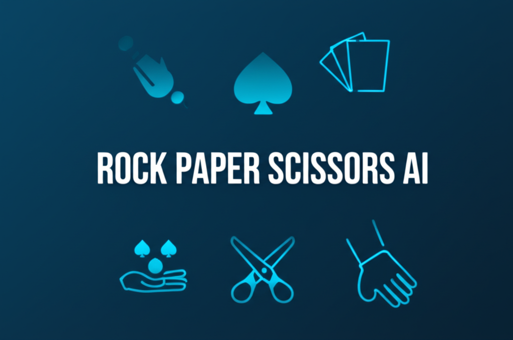 An illustration showing a human hand making a rock gesture against a robotic hand making a paper gesture, symbolizing Rock Paper Scissors AI.